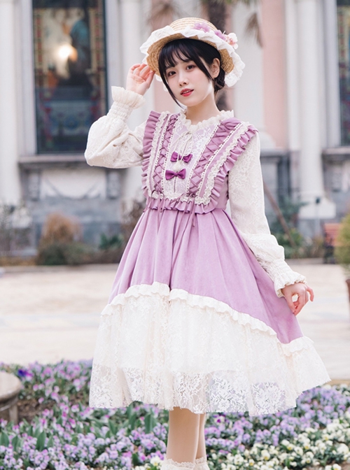 Pastoral Style Retro Elegant Lace Velvet Stitching Spring-Autumn Lace-Up Classic Lolita Long-Sleeved Dress