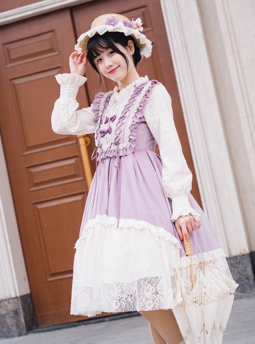 Pastoral Style Retro Elegant Lace Velvet Stitching Spring-Autumn Lace-Up Classic Lolita Long-Sleeved Dress