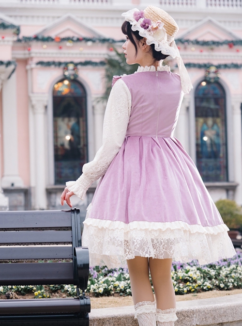 Pastoral Style Retro Elegant Lace Velvet Stitching Spring-Autumn Lace-Up Classic Lolita Long-Sleeved Dress