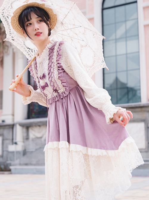 Pastoral Style Retro Elegant Lace Velvet Stitching Spring-Autumn Lace-Up Classic Lolita Long-Sleeved Dress