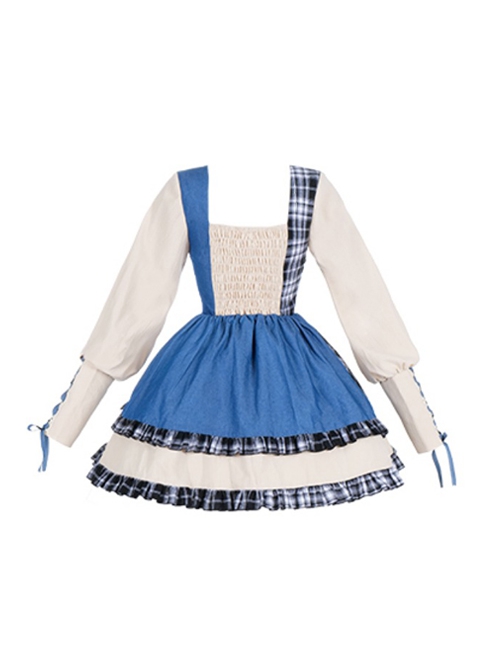 Sweet-Cool Girl Square Collar Bowknot Lace Decoration Denim Plaid Contrast Color Splicing Irregular Sweet Lolita Long-Sleeved Dress