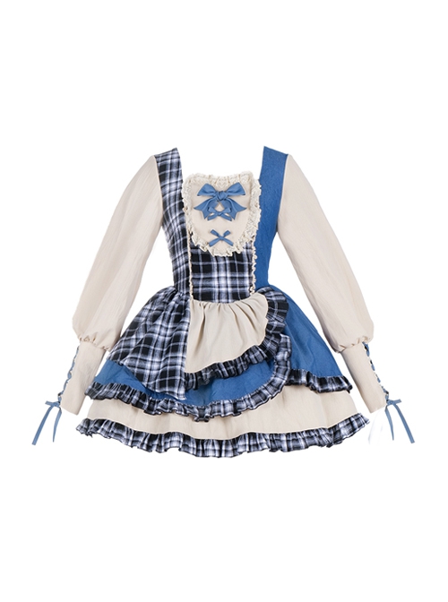 Sweet-Cool Girl Square Collar Bowknot Lace Decoration Denim Plaid Contrast Color Splicing Irregular Sweet Lolita Long-Sleeved Dress