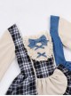 Sweet-Cool Girl Square Collar Bowknot Lace Decoration Denim Plaid Contrast Color Splicing Irregular Sweet Lolita Long-Sleeved Dress