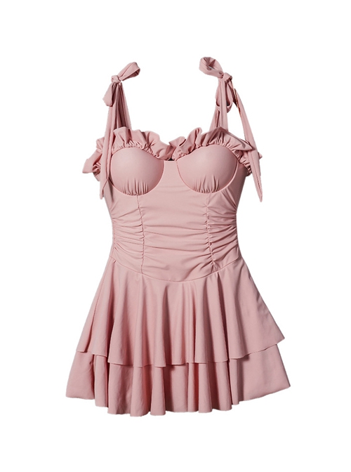 Sweet Lace-Up Sexy Slim Pink Pure Color Backless Sweet Lolita Sleeveless One-Piece Swimsuit