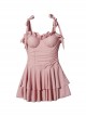 Sweet Lace-Up Sexy Slim Pink Pure Color Backless Sweet Lolita Sleeveless One-Piece Swimsuit