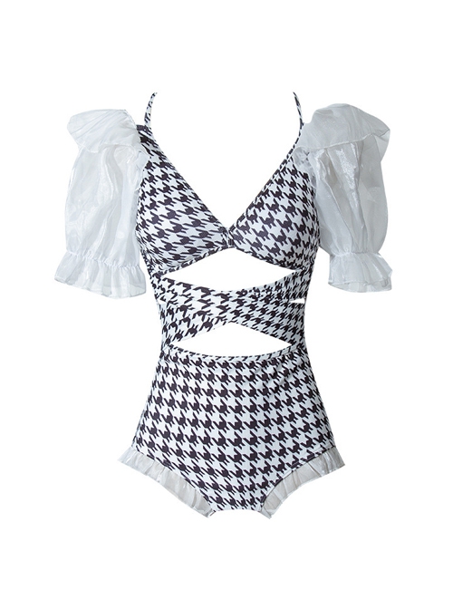 Vintage Houndstooth Print Hollow Sexy Sweet Puff Sleeve Short Sleeve One-Piece Swimsuit