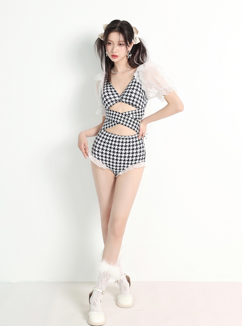 Vintage Houndstooth Print Hollow Sexy Sweet Puff Sleeve Short Sleeve One-Piece Swimsuit