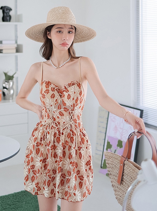 Leaf Lace Mesh Slim Fit Lace-Up Backless Sleeveless Sexy One-Piece Swimsuit