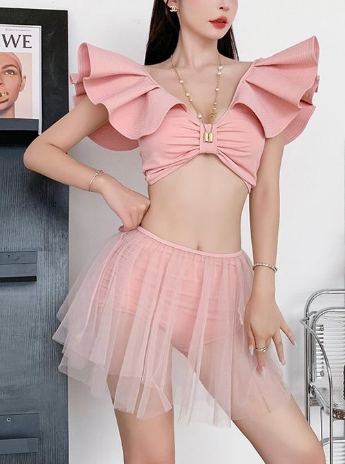 Summer V-Neck Exaggerated Lotus Leaf Sleeve Sweet Sexy Pure Color Split Three-Piece Swimsuit Suit