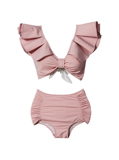 Summer V-Neck Exaggerated Lotus Leaf Sleeve Sweet Sexy Pure Color Split Three-Piece Swimsuit Suit