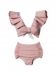 Summer V-Neck Exaggerated Lotus Leaf Sleeve Sweet Sexy Pure Color Split Three-Piece Swimsuit Suit