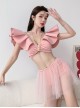 Summer V-Neck Exaggerated Lotus Leaf Sleeve Sweet Sexy Pure Color Split Three-Piece Swimsuit Suit