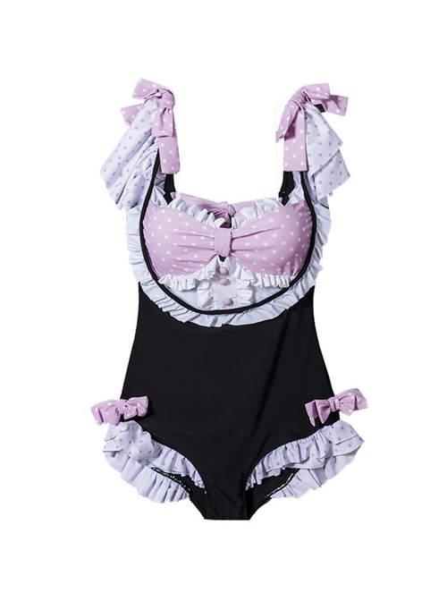 Cute Maid Outfit Design Polka Dot Bowknot Decoration Sexy Backless Sweet Lolita Short-Sleeved One-Piece Swimsuit