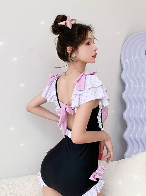 Cute Maid Outfit Design Polka Dot Bowknot Decoration Sexy Backless Sweet Lolita Short-Sleeved One-Piece Swimsuit