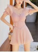 Pink Summer Conservative Slim Fit Sweet Puff Sleeve Pure Color Short-Sleeved One-Piece Swimsuit