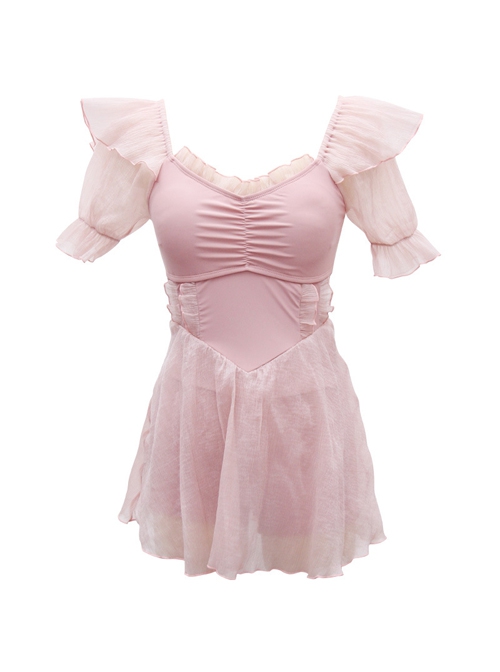 Pink Summer Conservative Slim Fit Sweet Puff Sleeve Pure Color Short-Sleeved One-Piece Swimsuit