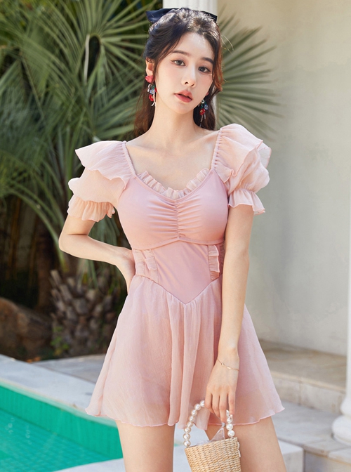 Pink Summer Conservative Slim Fit Sweet Puff Sleeve Pure Color Short-Sleeved One-Piece Swimsuit