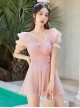 Pink Summer Conservative Slim Fit Sweet Puff Sleeve Pure Color Short-Sleeved One-Piece Swimsuit