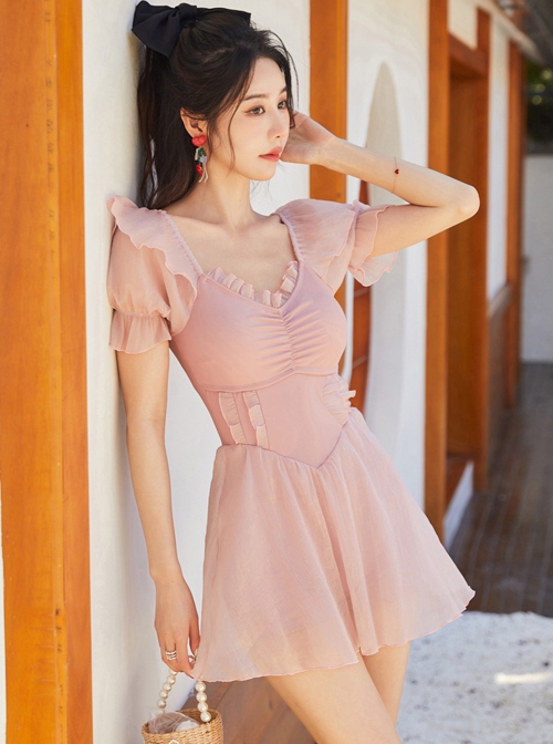 Pink Summer Conservative Slim Fit Sweet Puff Sleeve Pure Color Short-Sleeved One-Piece Swimsuit