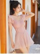 Pink Summer Conservative Slim Fit Sweet Puff Sleeve Pure Color Short-Sleeved One-Piece Swimsuit