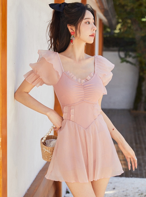 Pink Summer Conservative Slim Fit Sweet Puff Sleeve Pure Color Short-Sleeved One-Piece Swimsuit