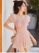 Pink Summer Conservative Slim Fit Sweet Puff Sleeve Pure Color Short-Sleeved One-Piece Swimsuit