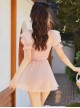 Pink Summer Conservative Slim Fit Sweet Puff Sleeve Pure Color Short-Sleeved One-Piece Swimsuit