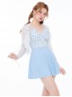 Blue Floral Stitching Simple Girl Ruffles Lace-Up Translucent Sun Protection Long-Sleeved Coat Sleeveless One-Piece Swimsuit Set