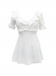 White Fairy Sexy V-Neck Floral Pattern Hollow Breathable Conservative Short-Sleeved One-Piece Swimsuit