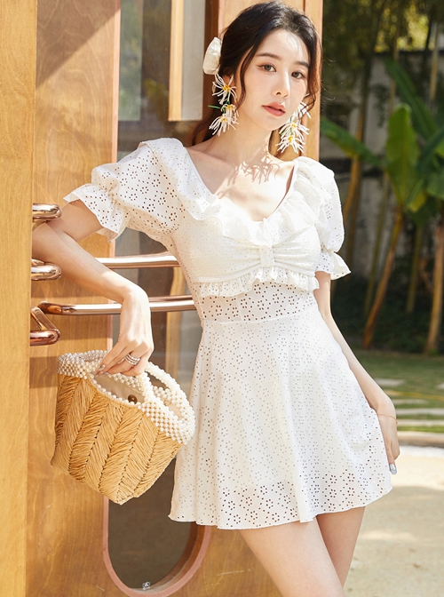 White Fairy Sexy V-Neck Floral Pattern Hollow Breathable Conservative Short-Sleeved One-Piece Swimsuit