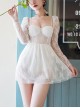 Retro Fishbone Support Lace Transparent Sleeves Elegant Long-Sleeved One-Piece Swimsuit
