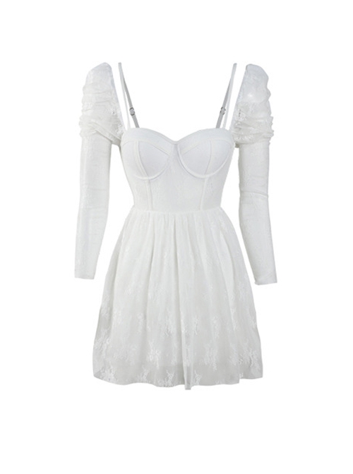 Retro Fishbone Support Lace Transparent Sleeves Elegant Long-Sleeved One-Piece Swimsuit
