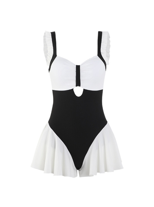 Black-White Simple Stitching Hollow Ruffle Hem Slim Fit Sleeveless One-Piece Swimsuit