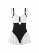 Black-White Simple Stitching Hollow Ruffle Hem Slim Fit Sleeveless One-Piece Swimsuit