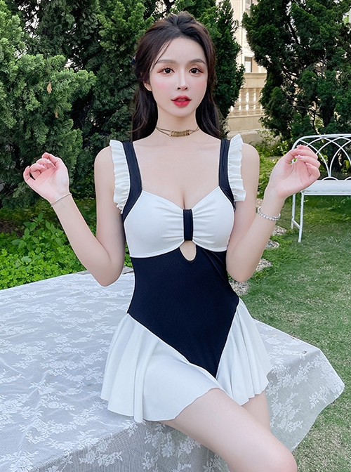 Black-White Simple Stitching Hollow Ruffle Hem Slim Fit Sleeveless One-Piece Swimsuit