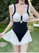 Black-White Simple Stitching Hollow Ruffle Hem Slim Fit Sleeveless One-Piece Swimsuit