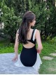 Black-White Simple Stitching Hollow Ruffle Hem Slim Fit Sleeveless One-Piece Swimsuit