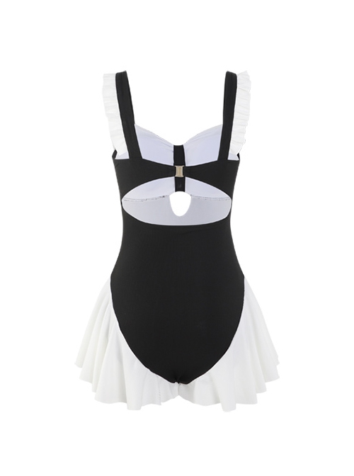 Black-White Simple Stitching Hollow Ruffle Hem Slim Fit Sleeveless One-Piece Swimsuit