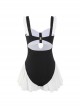 Black-White Simple Stitching Hollow Ruffle Hem Slim Fit Sleeveless One-Piece Swimsuit