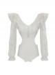 Summer Sexy Mesh V-Neck Hollow Exposed Waist Three-Dimensional Butterfly Puff Sleeve White Long-Sleeved One-Piece Swimsuit