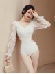 Summer Sexy Mesh V-Neck Hollow Exposed Waist Three-Dimensional Butterfly Puff Sleeve White Long-Sleeved One-Piece Swimsuit