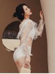 Summer Sexy Mesh V-Neck Hollow Exposed Waist Three-Dimensional Butterfly Puff Sleeve White Long-Sleeved One-Piece Swimsuit