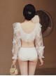 Summer Sexy Mesh V-Neck Hollow Exposed Waist Three-Dimensional Butterfly Puff Sleeve White Long-Sleeved One-Piece Swimsuit