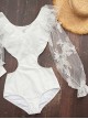Summer Sexy Mesh V-Neck Hollow Exposed Waist Three-Dimensional Butterfly Puff Sleeve White Long-Sleeved One-Piece Swimsuit