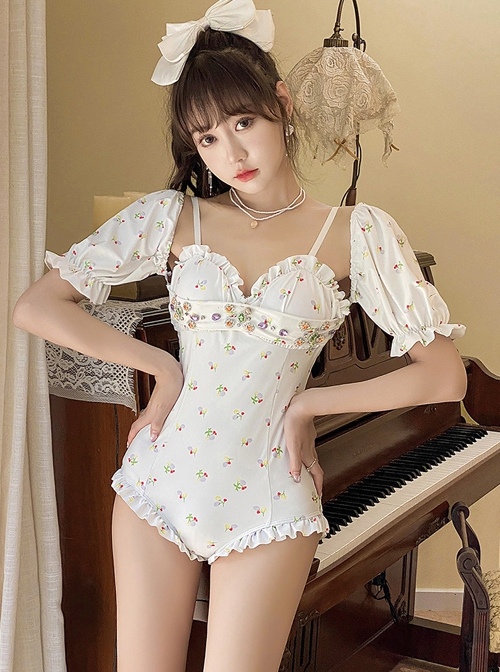 Floral Sexy Backless Jeweled Decorate Detachable Sleeves Two Wear Sleeveless One-Piece Swimsuit