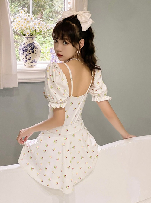 Floral Sexy Backless Jeweled Decorate Detachable Sleeves Two Wear Sleeveless One-Piece Swimsuit