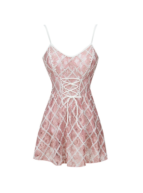 Vintage Sweet Girly Embroidered Plaid Lace-Up Backless Sleeveless One-Piece Skirt Style Swimsuit