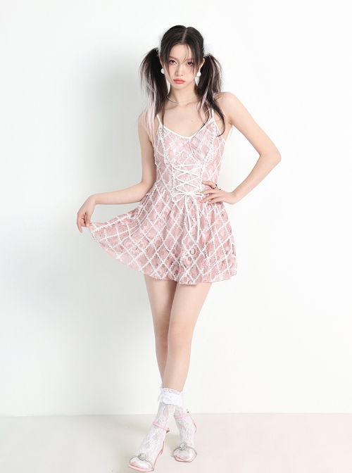 Vintage Sweet Girly Embroidered Plaid Lace-Up Backless Sleeveless One-Piece Skirt Style Swimsuit