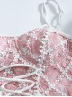 Vintage Sweet Girly Embroidered Plaid Lace-Up Backless Sleeveless One-Piece Skirt Style Swimsuit