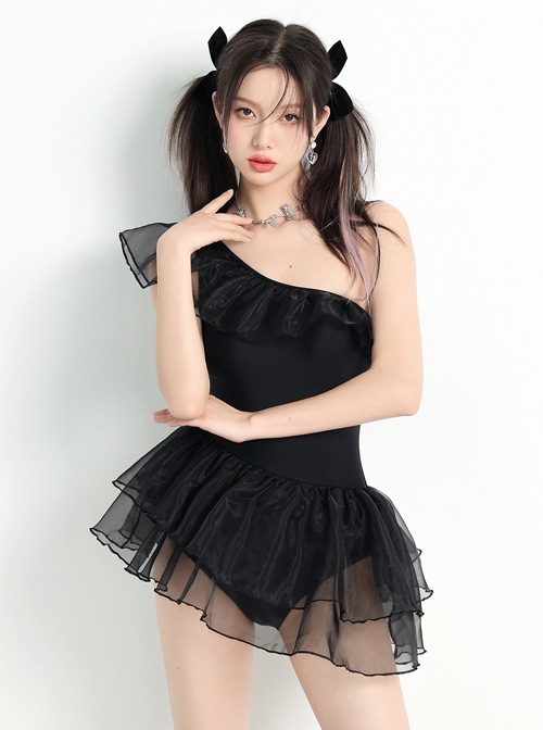 Black Simple Slanted Shoulder Ruffle Conservative Summer Sleeveless One-Piece Swimsuit